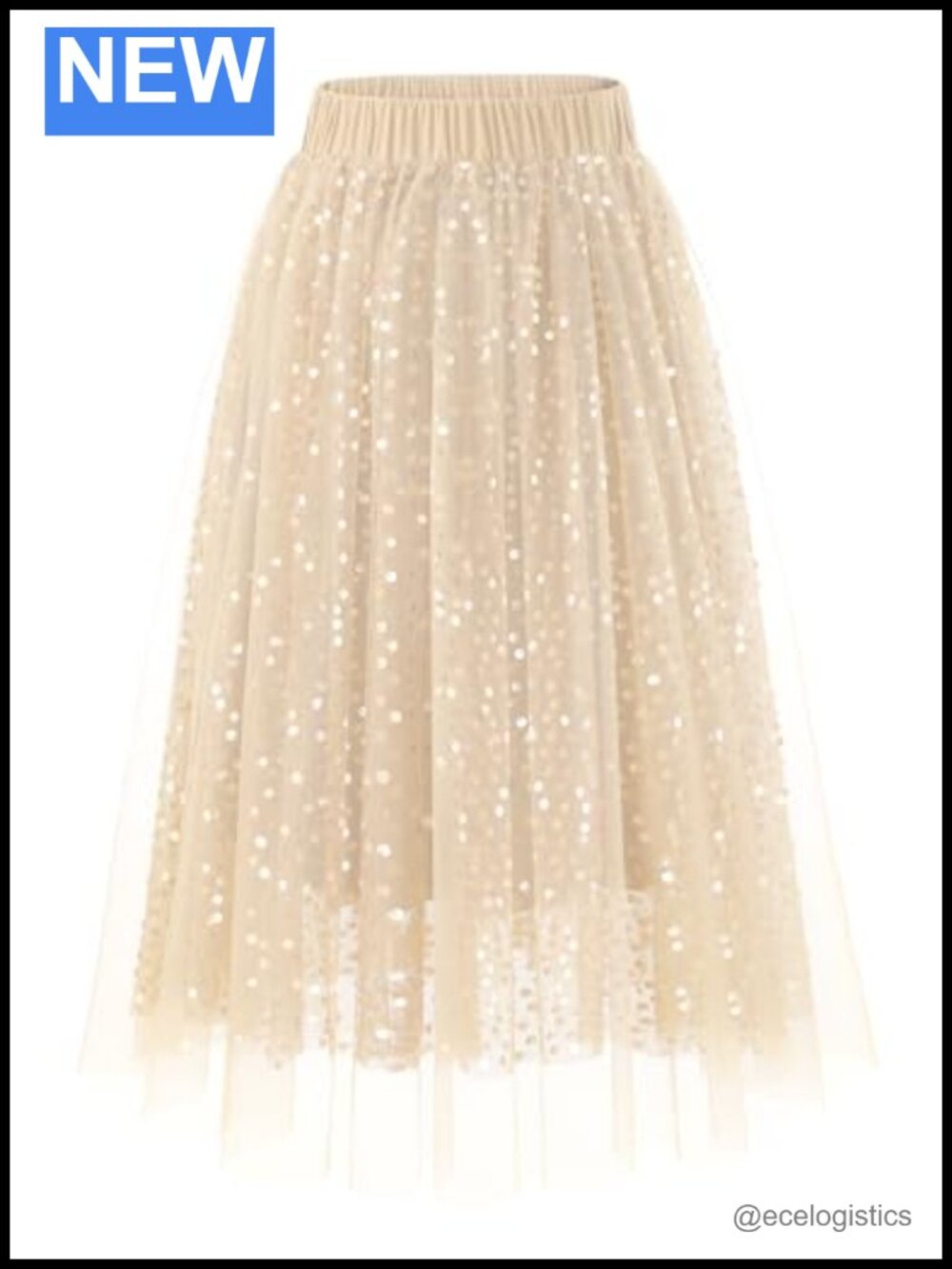 Women's Sequin Tulle Midi Skirt 3-Layer with Elastic Waist